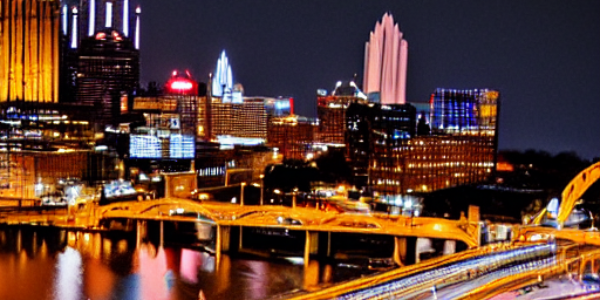 Photo of Pittsburgh skyline at night showing real estate in background