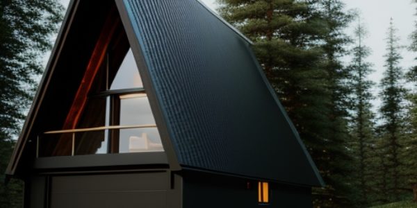 A-frame home with trees and land in the background